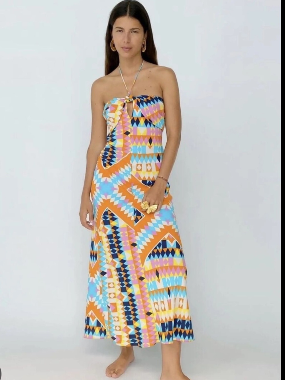 Zara Multicolor Halter Midi Dress in Orange, Blue & Pink